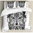 thumbnail image 1 of Fox Duvet Cover Set, Ornamental Fox Face with Tree Leaves Oval Shapes Dots Floral Curves Art Print, Decorative 3 Piece Bedding Set with 2 Pillow Shams, Queen Size, Grey Black White, by Ambesonne, 1 of 3
