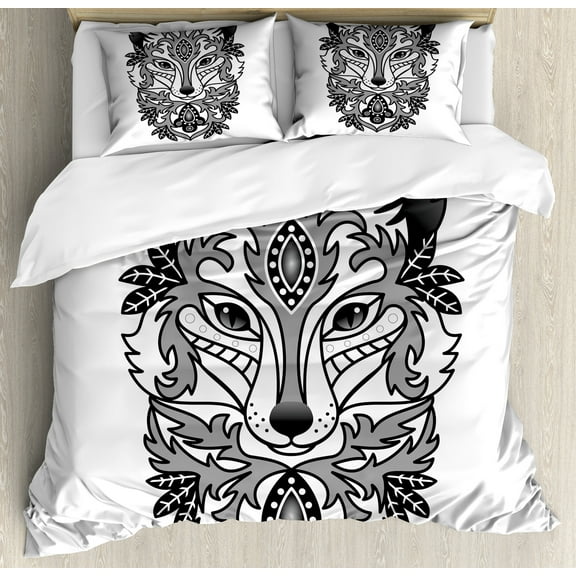 Fox Duvet Cover Set, Ornamental Fox Face with Tree Leaves Oval Shapes Dots Floral Curves Art Print, Decorative 3 Piece Bedding Set with 2 Pillow Shams, Queen Size, Grey Black White, by Ambesonne