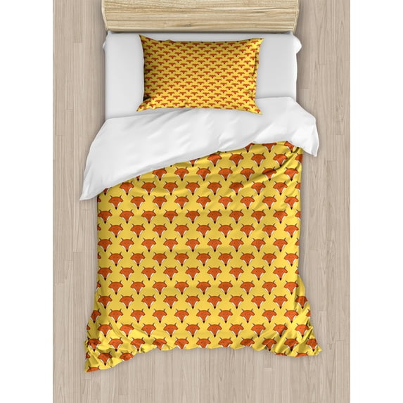 Fox Duvet Cover Set, Portrait of Forest Animal Faces Funny Creatures of Nature Cartoon Print, Decorative 2 Piece Bedding Set with 1 Pillow Shams, Twin Size, Rust and Mustard, by Ambesonne