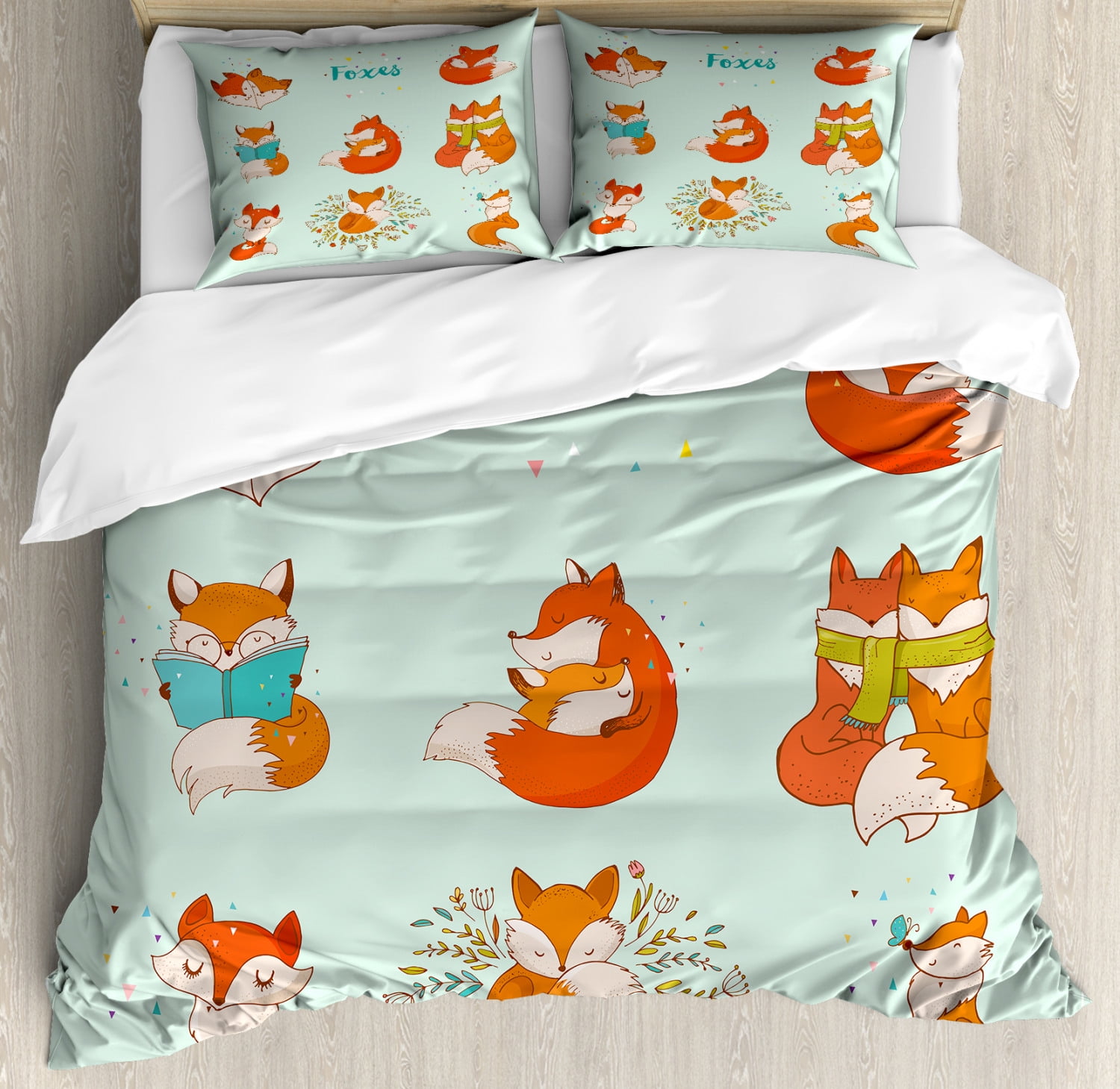 Fox Characters Blue and Orange Microfiber Queen Duvet Cover Set