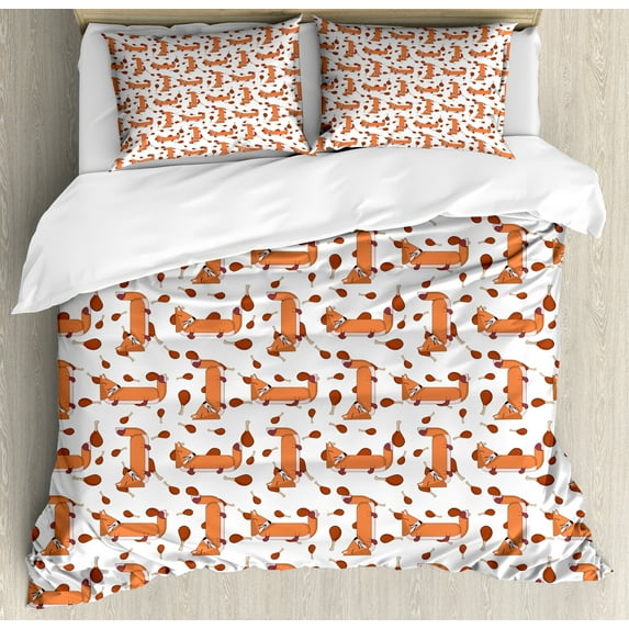 Fox Duvet Cover Set, Repetitive Pattern of Cartoon Design Wild Animal and Meat, Decorative 3 Piece Bedding Set with 2 Pillow Shams, Queen Size, Burnt Sienna Cinnamon, by Ambesonne