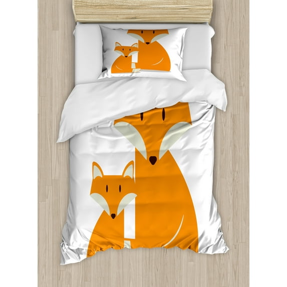 Fox Duvet Cover Set, Simple Graphic with Wild Mammal Animal Mother and, Decorative 2 Piece Bedding Set with 1 Pillow Shams, Twin Size, Marigold Pastel Green, by Ambesonne