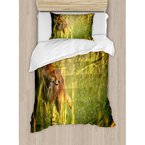Fox Duvet Cover Set, Fox in the Summer Forest Fresh Meadow Grass Wilderness Vixen Mammal Nature, Decorative 2 Piece Bedding Set with 1 Pillow Shams, Twin Size, Orange Yellow Green, by Ambesonne