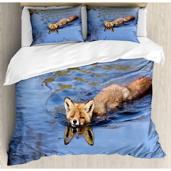 Fox Duvet Cover Set, Fox Swimming in Blue River Natural Life Mammal Wild Animal Image Print, Decorative 3 Piece Bedding Set with 2 Pillow Shams, Calking Size, Pale Blue Brown Cream, by Ambesonne