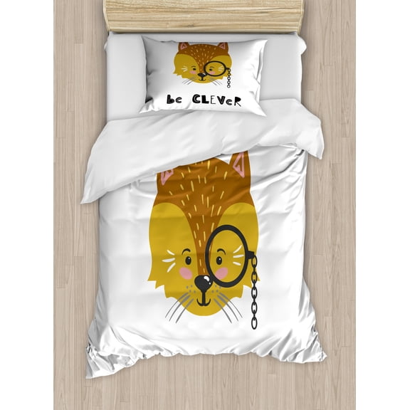Fox Duvet Cover Set Twin Size, Funny Nursery Animal Character with Be Clever Wording, Decorative 2 Piece Bedding Set with 1 Pillow Sham, Ginger Dark Yellow Charcoal Grey Pastel Pink, by Ambesonne