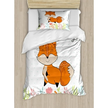 Fox Duvet Cover Set Twin Size, Happy Animal Have a Nice Day Lettering on Polka Dots Colorful Herbs, Decorative 2 Piece Bedding Set with 1 Pillow Sham, Pale Vermilion and Multicolor, by Ambesonne