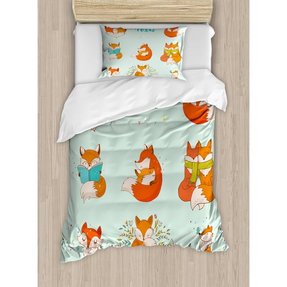 Fox Duvet Cover Set Twin Size, Lovely Fox Characters Sleeping Reading Romantic Couple Nature Kids Comic Arrangement, Decorative 2 Piece Bedding Set with 1 Pillow Sham, Multicolor, by Ambesonne