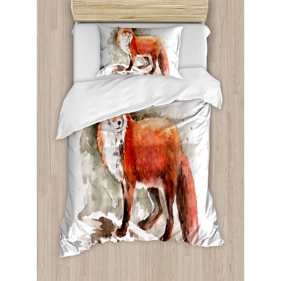 Fox Duvet Cover Set Twin Size, Watercolor Hand Drawn Red Fox with Bushy Tail Brushstrokes Tod Mammal, Decorative 2 Piece Bedding Set with 1 Pillow Sham, Burnt Sienna White Brown, by Ambesonne