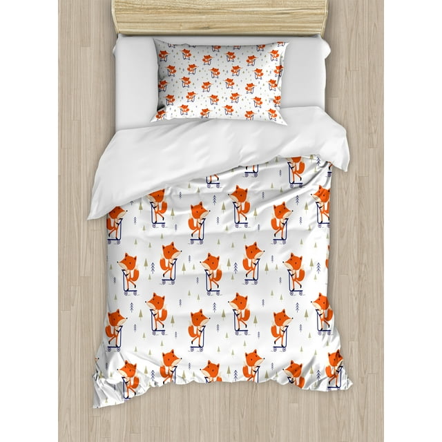 Fox Duvet Cover Set, Wild Animal Character with Scooter Little Repeating Trees, Decorative 2 Piece Bedding Set with 1 Pillow Shams, Twin Size, Burnt Orange Indigo, by Ambesonne