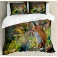 thumbnail image 1 of Fox Duvet Cover Set, Young Red Fox Listening to Something in Woodland Forest Wildlife Predator, Decorative 3 Piece Bedding Set with 2 Pillow Shams, Calking Size, Pale Brown White Green, by Ambesonne, 1 of 2
