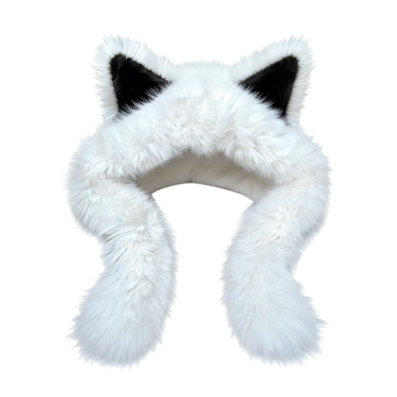 Fox Ear Plush Hat and Scarf 2 in 1, Cute Animal Ears Winter Hat with Attached Scarf, Warm Fuzzy Hooded Hat for Women Girls, Cozy Winter Accessory White