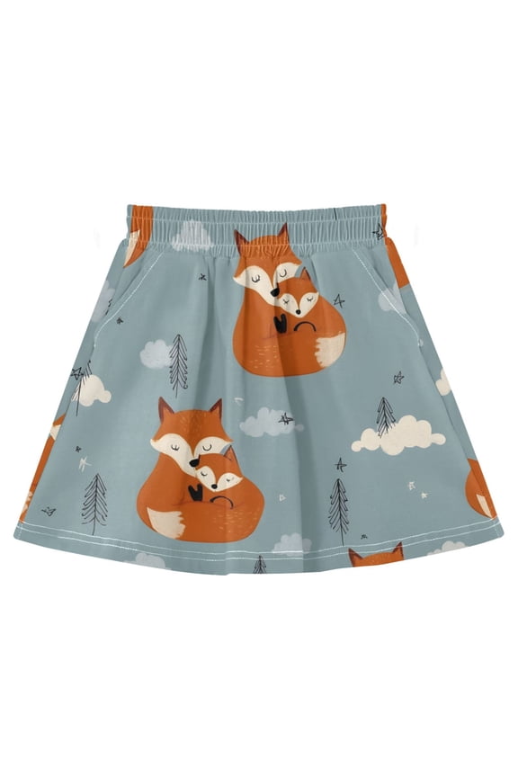 Fox Embrace Pattern Cotton Skirt Built-in Liner Elastic A-Line Flared Skirt with Pockets