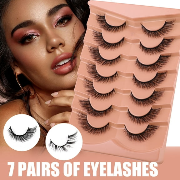 Fox Eye False Lashes 7 Pairs - Extended Outer Corners Fluffy Natural-Looking Strip Lashes, Soft Thin Band Easy to Apply for Daily Makeup & Stage Looks, Black Fake Eyelashes for Women