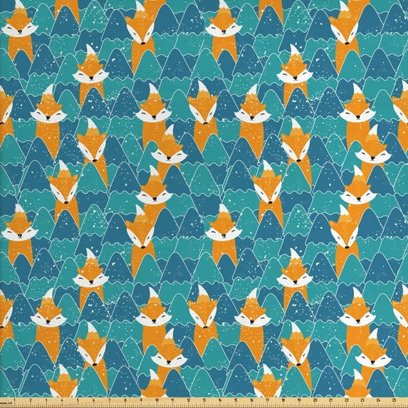 Ambesonne Fox Fabric by the Yard Upholstery, Animals in Winter Theme, 2 Yards, Orange Sea Blue