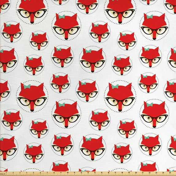 Ambesonne Fox Fabric by the Yard Upholstery, Cartoon Hipster Glasses, 5 Yards, Mint Green Beige Red