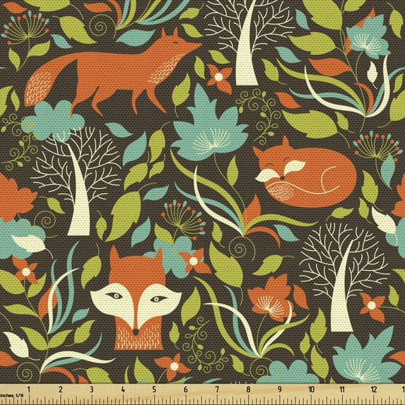 Ambesonne Fox Fabric by the Yard Upholstery, Autumn Season Flora Fauna, 1 Yard, Multicolor