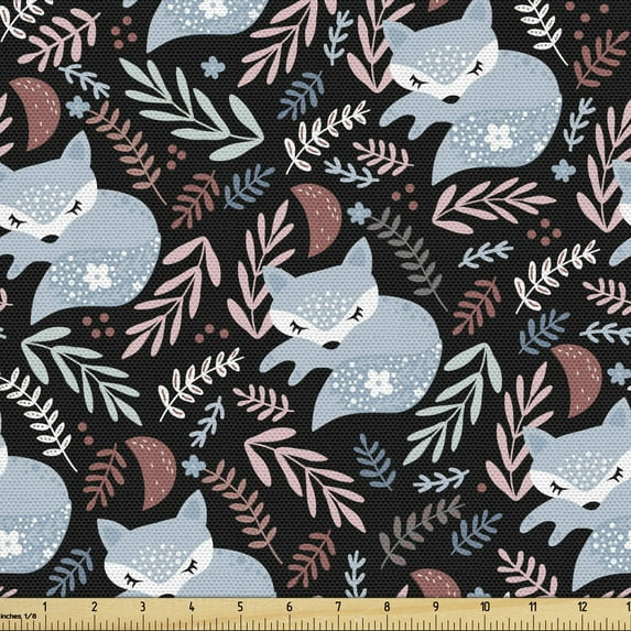 Ambesonne Fox Fabric by the Yard Upholstery, Sleeping Animal and Branches, 2 Yards, Charcoal Grey Multicolor