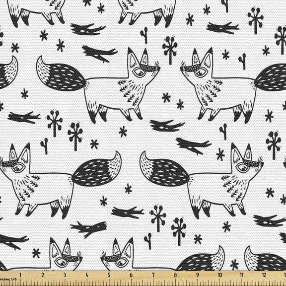 Ambesonne Fox Fabric by the Yard Upholstery, Monochromatic Animal, 5 Yards, Charcoal Grey White