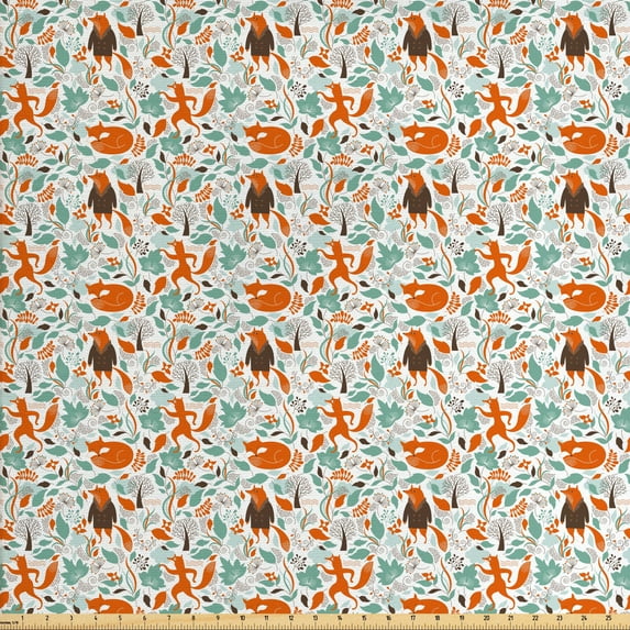 Ambesonne Fox Fabric by the Yard Upholstery, Funny Garden, 5 Yards, Turquoise Orange Brown