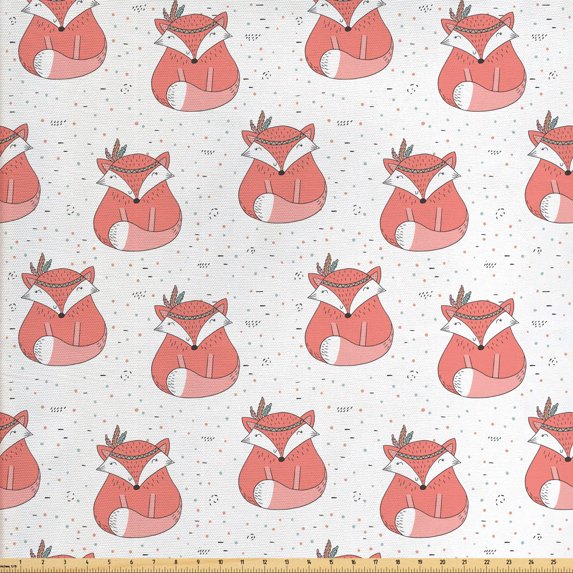 Fox Fabric by the Yard, Inspirations in Hand Drawn Forest Animal Pattern with Dotted Background, Upholstery Fabric for Dining Chairs Home Decor Accents, Coral Seafoam Black by Ambesonne
