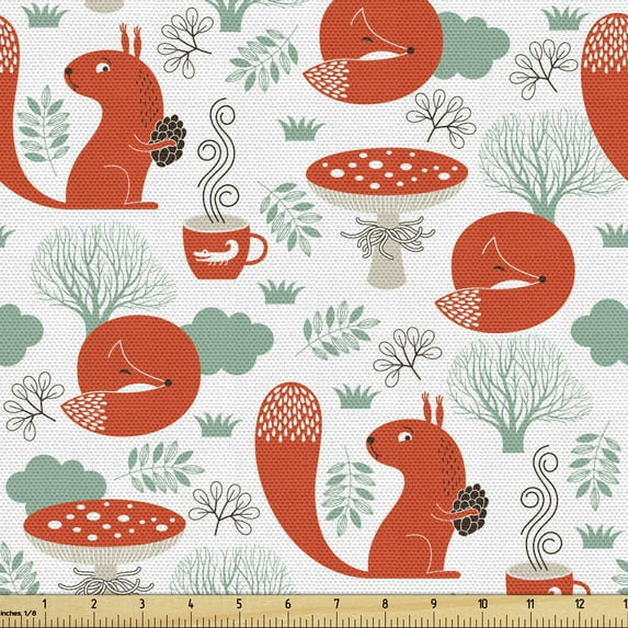 Ambesonne Fox Fabric by the Yard Upholstery, Forest Animals and Foliage, 1 Yard, Dark Coral Almond Green