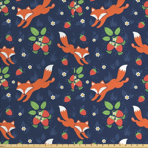 Ambesonne Fox Fabric by the Yard Upholstery, Animal and Strawberries, 2 Yards, Dark Lavender Multicolor