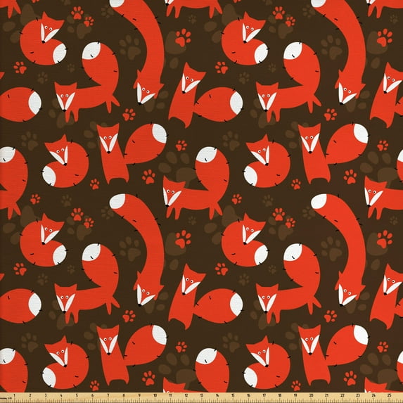 Fox Fabric by the Yard Upholstery, Paw Print Pattern Background with Cartoon Cunning Forest Animals, Decorative Fabric for DIY and Home Accents, Orange Army Green White by Ambesonne