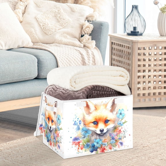 Fox Face Flowers Floral Storage Basket Foldable Laundry Basket Shelf Kids Toy Storage Container Organizer with Handles
