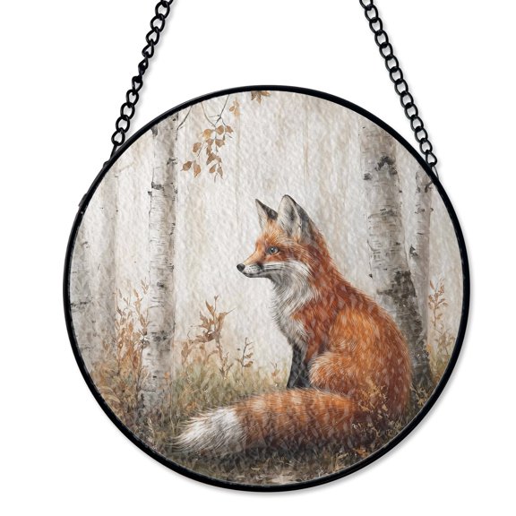 Fox Fall Accent Suncatcher Stained Glass Style UV Printed Glass Woodland Nature Decor Round