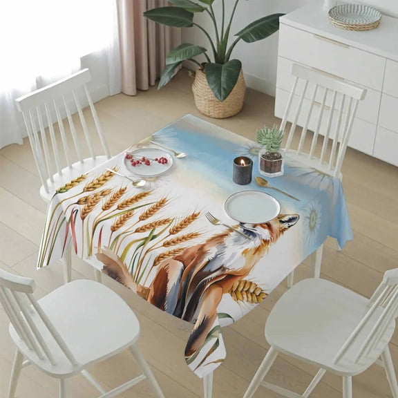 Fox Fall Daisy Thanksgiving Harvest Table Cloth 54x54in, Waterproof Square Tablecloth Wipeable Tablecloths Orange Wheat Ears Blue Gradient Table Covers for Dining Tables Party Indoor Outdoor