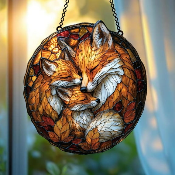 Fox Family ACRYLIC Suncatcher Cozy Fall Window Hanging with Sleeping Foxes in Autumn Nest | Faux Glass Nature Woodland Decor