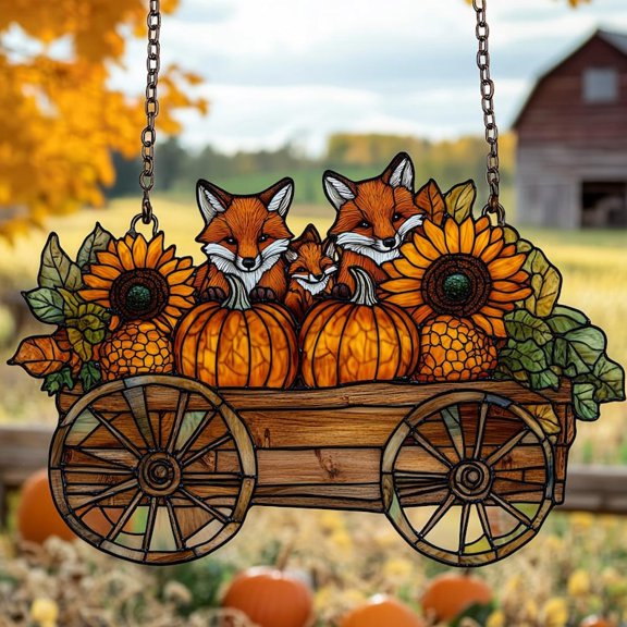 Fox Family In Pumpkin Wagon Faux Stained Glass ACRYLIC Suncatcher - Autumn Window Hanging Decor - Fall Harvest Gift For Nature Lovers