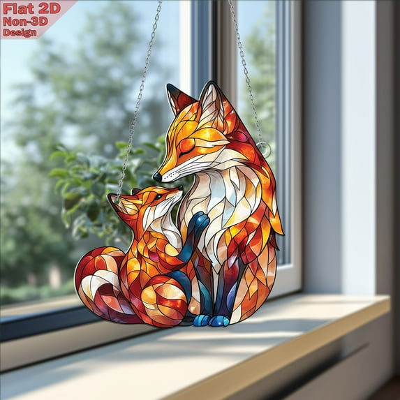 Fox Family Stained Glass Effect Acrylic Window Hanging – Adorable Woodland Sun Catcher – Cozy Home & Nursery Decor – Perfect Gift for Animal Lovers & Fox Enthusiasts