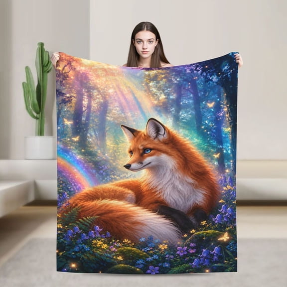 Fox Fantasy Forest Blanket Enchanted Woodland Rainbow Floral Animal Lover Gift Cozy Soft Home Decor 50x40 in