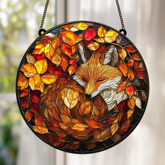 Fox Faux Stained Glass Window Hanging, Faux Glass Animal Suncatcher, Animal Wall Art Home Decor, Birthday Gift for Fox Lover Fall Home Decor