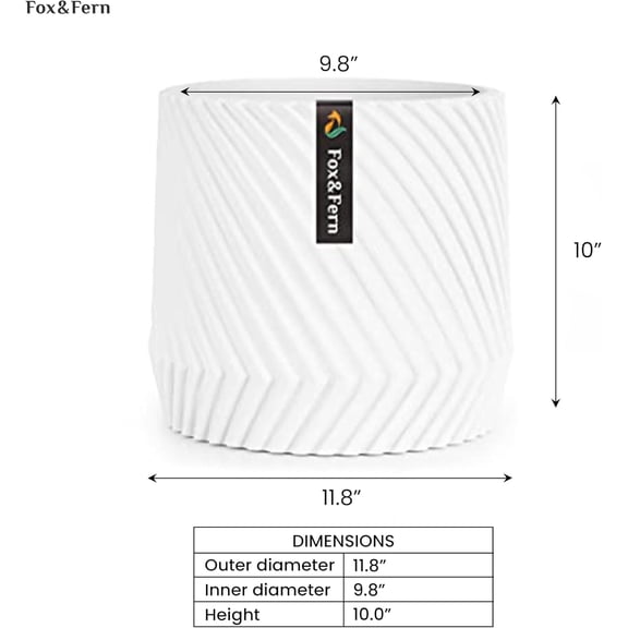 Fox & Fern Large 12 Inch Planter with Drainage Plug Premium Polystone White Plant Pot - Modern Planter with 3D Texture and Ceramic Finish - 12 Inch Pots for Plants Indoor & Outdoor