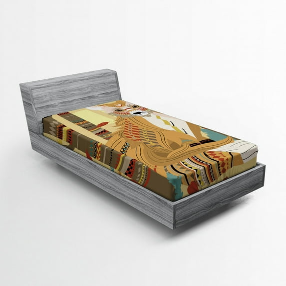 Fox Fitted Sheet, Animal Theme a Fluffy Wild Fox in the Forest and Tree Trunks Design Pattern Print, Soft Decorative Fabric Bedding, Twin Size, Pale Coffee, by Ambesonne