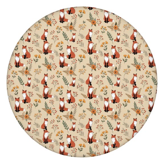 Fox Floral Autumn Beige Pattern Round Elastic Tablecloth, 36-44 Inch Waterproof, Machine Washable, Indoor & Outdoor Use