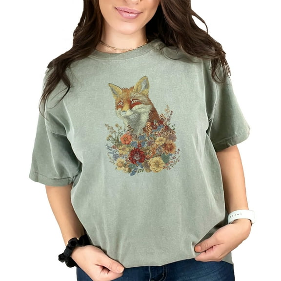 Fox and Floral Graphic Tee, Woodland Animal Art T-Shirt, Nature Inspired Apparel, Unique Fox T-Shirt, Cute Animal Lover Gift, Moss Comfort Colors T-Shirt, XL