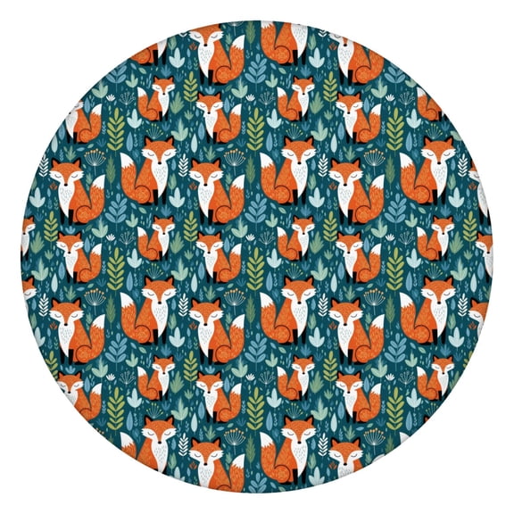 Fox Floral Leaf Dark Teal Pattern Round Elastic Tablecloth, 36-44 Inch Waterproof, Machine Washable, Indoor & Outdoor Use
