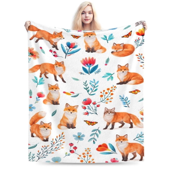 Fox Floral Pattern Blanket Spring Fox Throw Blanket Woodland Animal Flower Butterfly Pattern Soft Cozy Flannel Blanket for Couch Bed Home Decor 50x40