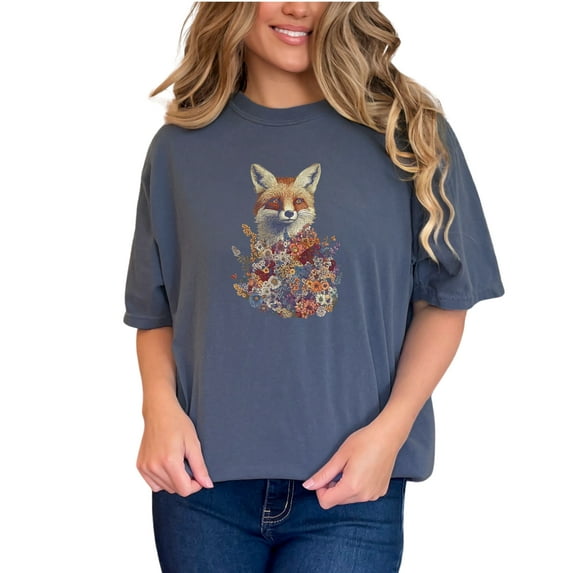 Fox and Floral T-Shirt, Unique Animal Illustration Tee, Nature Inspired Women's Top, Artistic Graphic Print, Gift for Wildlife Lovers, Denim Comfort Colors T-Shirt, Small