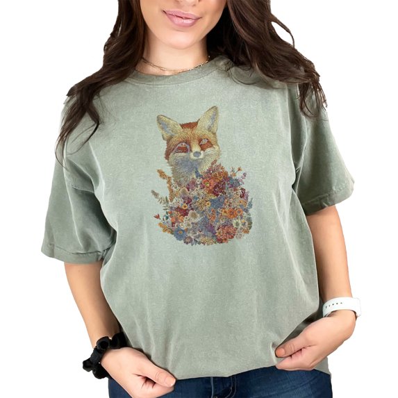 Fox and Floral T-Shirt, Unique Animal Illustration Tee, Nature Inspired Women's Top, Artistic Graphic Print, Gift for Wildlife Lovers, Moss Comfort Colors T-Shirt, Medium