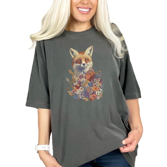 Fox and Floral T-Shirt, Unique Animal Illustration Tee, Nature Inspired Women's Top, Artistic Graphic Print, Gift for Wildlife Lovers, Pepper Comfort Colors T-Shirt, 2XL