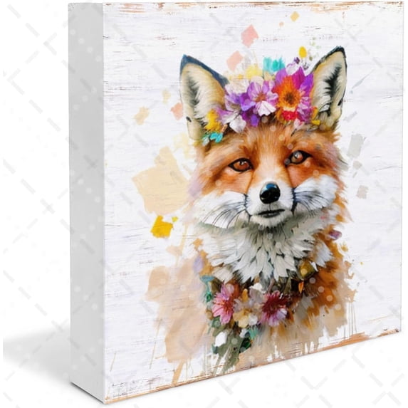Fox With Floral Wreath Decorative Wooden Box Sign Fox Gifts Farmhouse Funny Bathroom Signs Decor Decorative Home Décor Woodland Animal Art Home Office Desk Shelf Decor Square 5x5 In