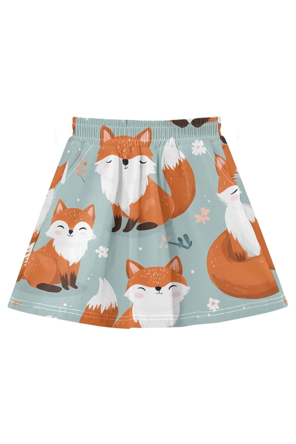 Fox Flower Pattern Cotton Skirt Built-in Liner Elastic A-Line Flared Skirt with Pockets