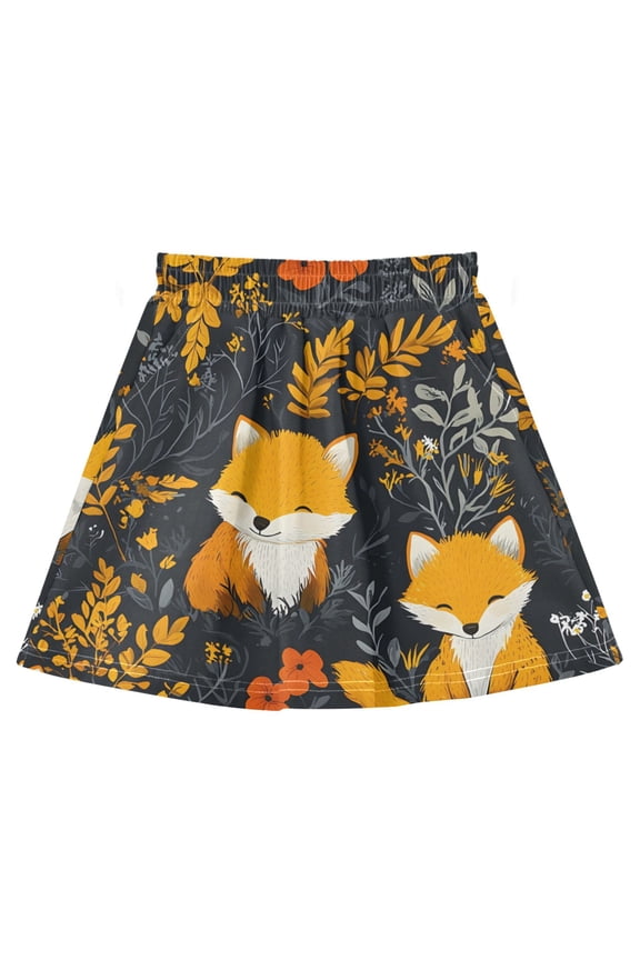 Fox Flower Pattern Cotton Skirt Built-in Liner Elastic A-Line Flared Skirt with Pockets