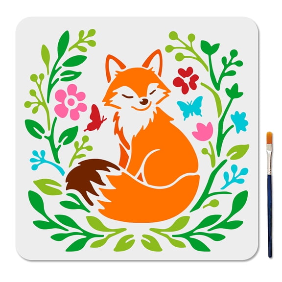 Fox and Flowers Craft Art Stencil 11.8x11.8inch Reusable Fox Pattern Butterfly Petals Template Hollowed Flower Leaf Stencil Plastic PET Animal Theme Template