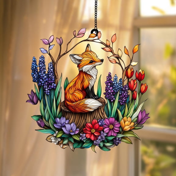 Fox Flowers Faux Stained Glass Suncatcher, Colorful Animal and Floral Acrylic Window Hanging Decor Gift for Nature Animal Lover,Gift for Mom 1884421984 1975