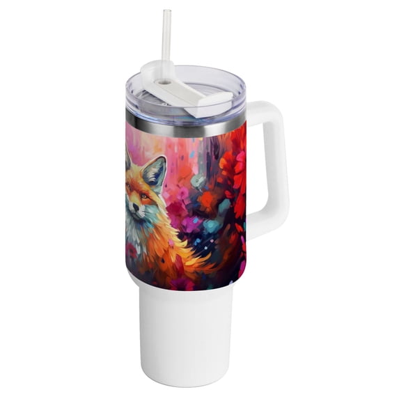 Fox Flowers Floral 40 oz Tumbler with Handle Insulated Travel Mug Lid Straw Leak Proof Steel Vacuum Water Bottles Glasses Fits in Car Cup Holder